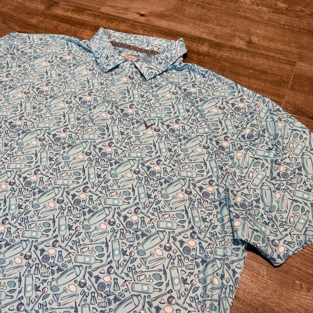 Callaway Opti-Dri Polo Shirt Mens XXL Teal Cocktail Barware Print Golf Short Slv